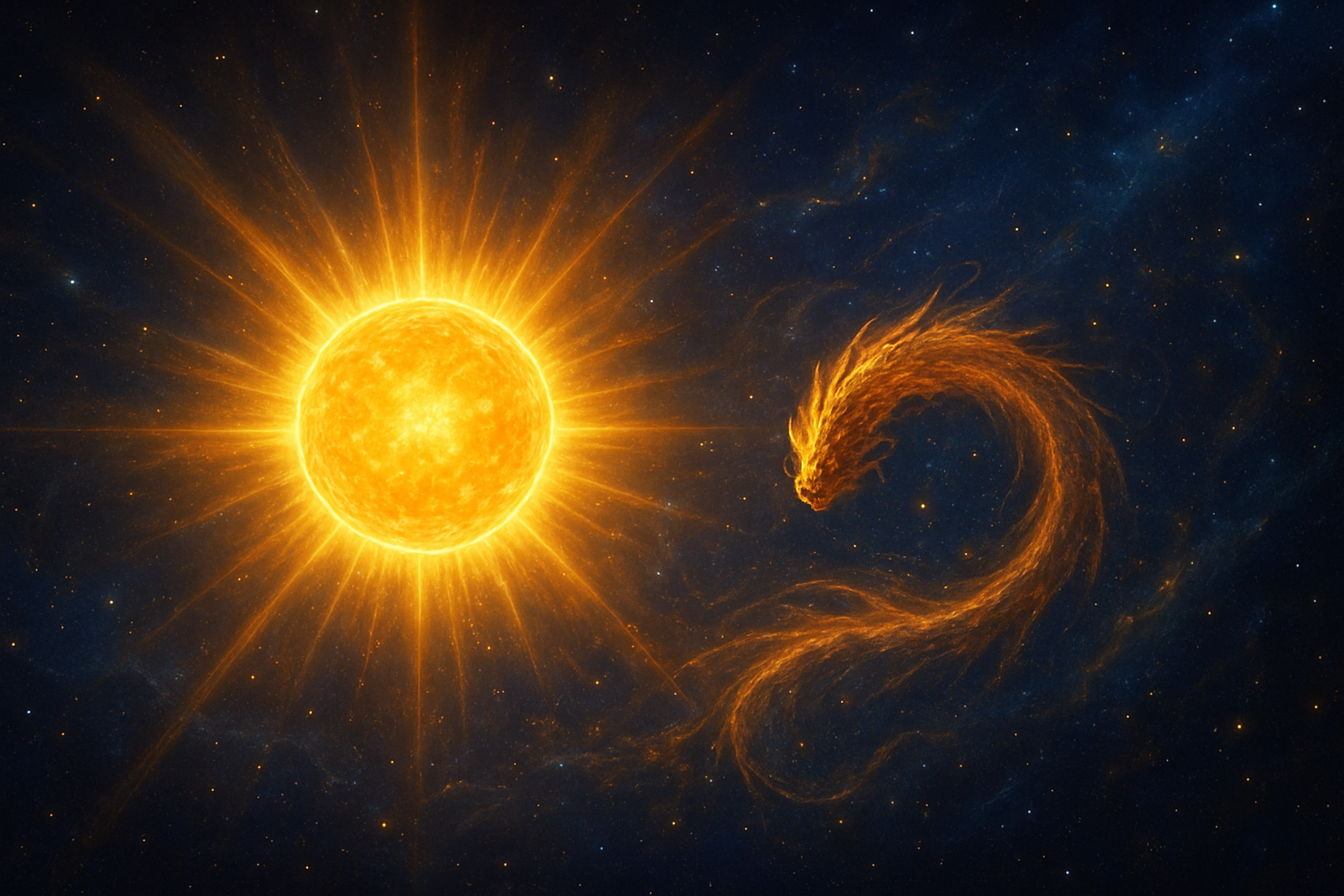 Create a realistic image of a brilliant golden sun radiating intense light in a cosmic space setting with Ketu represented as a mystical celestial body with a dragon-like tail or comet appearance nearby, surrounded by twinkling stars and cosmic energy patterns in deep blue and purple space, with golden and orange light beams emanating from the sun creating a divine and auspicious atmosphere, showing the harmonious interaction between solar energy and Ketu