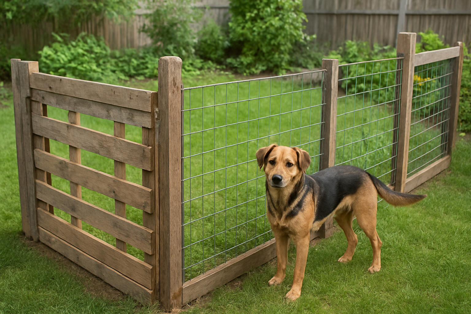 Create a realistic image of a creative DIY dog fence made from repurposed materials including old wooden pallets, metal mesh panels, and reclaimed fence posts in a residential backyard, showing a medium-sized dog safely contained within the enclosed area, with green grass, some garden plants in the background, natural daylight lighting, demonstrating an affordable and functional fencing solution, absolutely NO text should be in the scene.