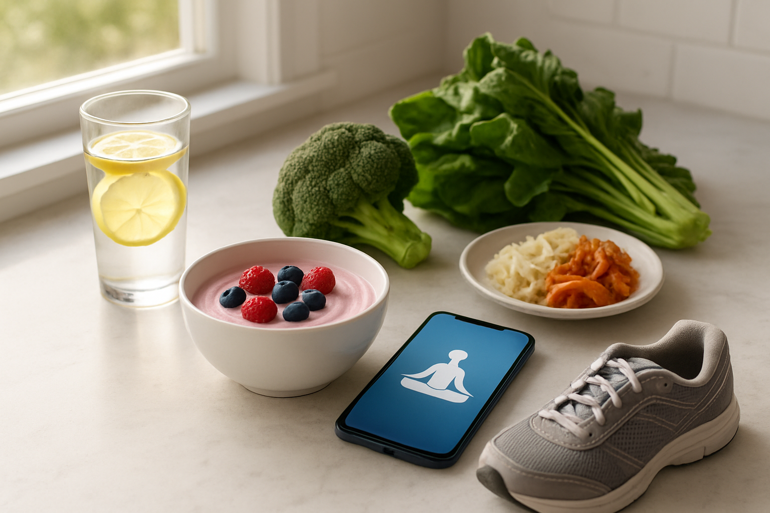 Create a realistic image of a bright, organized kitchen counter displaying healthy daily habits for gut health including a glass of water with lemon slices, colorful probiotic yogurt in a bowl with fresh berries, fiber-rich vegetables like broccoli and leafy greens, a small plate of fermented foods, a meditation app open on a smartphone, and a pair of walking shoes nearby, all arranged on a clean marble countertop with soft natural morning light streaming through a window, creating a peaceful and energizing atmosphere that represents transformative daily wellness routines, absolutely NO text should be in the scene.