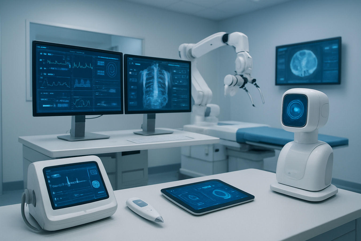 Create a realistic image of a modern medical facility showcasing advanced AI healthcare technologies, featuring sleek computer monitors displaying medical data analytics dashboards, robotic surgical equipment, AI-powered diagnostic machines, and digital health monitoring devices arranged in a clean, well-lit clinical environment with white and blue color scheme, professional medical atmosphere with soft ambient lighting, absolutely NO text should be in the scene.