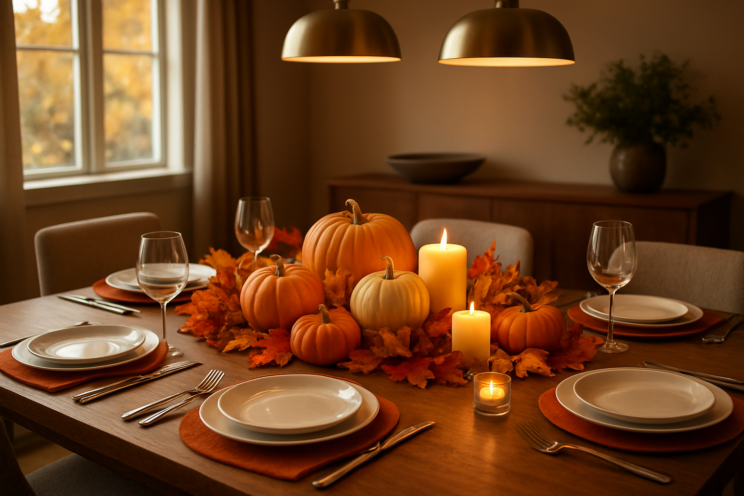 Create a realistic image of a modern Thanksgiving dinner table setting that blends traditional and contemporary elements, featuring a beautifully set dining table with classic autumn decorations like pumpkins, fall leaves, and candles alongside modern touches such as sleek dinnerware and updated serving platters, warm golden lighting from both natural window light and contemporary light fixtures, rich autumn colors of orange, gold, and deep red throughout the scene, with a cozy indoor dining room background that feels both timeless and current, capturing the evolution of holiday traditions in today's world, absolutely NO text should be in the scene.