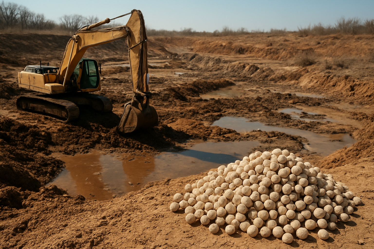 Create a realistic image of an industrial clay mining site with large excavation equipment digging into barren earth, showing environmental damage with stripped topsoil, polluted water pools, and sparse dying vegetation in the background, contrasted with a pile of traditional clay cat litter granules in the foreground, under harsh daylight that emphasizes the stark, damaged landscape. Absolutely NO text should be in the scene.