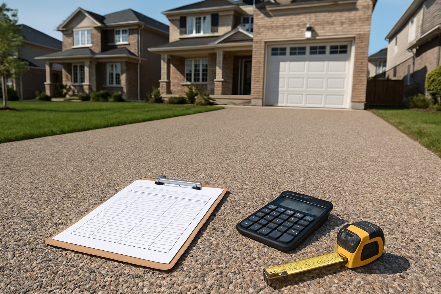 Create a realistic image of a residential driveway with exposed aggregate concrete surface showing the textured stone finish, with a clipboard displaying cost calculations and invoices in the foreground, construction tools like a calculator and measuring tape nearby, set in a suburban Markham neighborhood with modern houses in the background, bright daylight lighting, professional contractor atmosphere. Absolutely NO text should be in the scene.