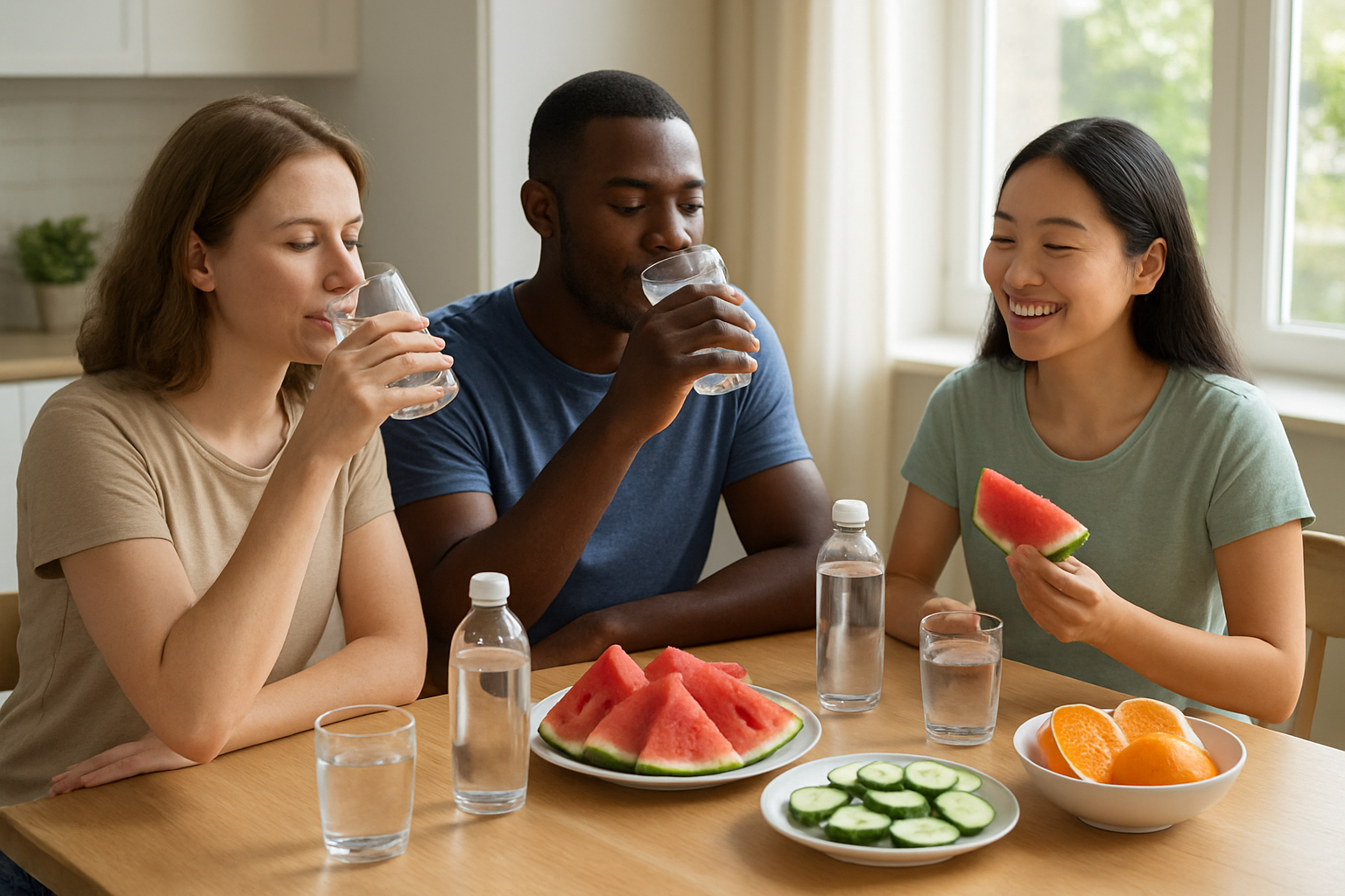 Create a realistic image of a diverse group of people including a white female, black male, and Asian female sitting around a modern kitchen table with multiple glasses of clear water, water bottles, and hydrating foods like watermelon slices, cucumber, and oranges arranged on the table, with natural sunlight streaming through a large window creating a bright and healthy atmosphere, showing people actively drinking water and enjoying the fresh foods, conveying a sense of wellness and healthy lifestyle habits, absolutely NO text should be in the scene.
