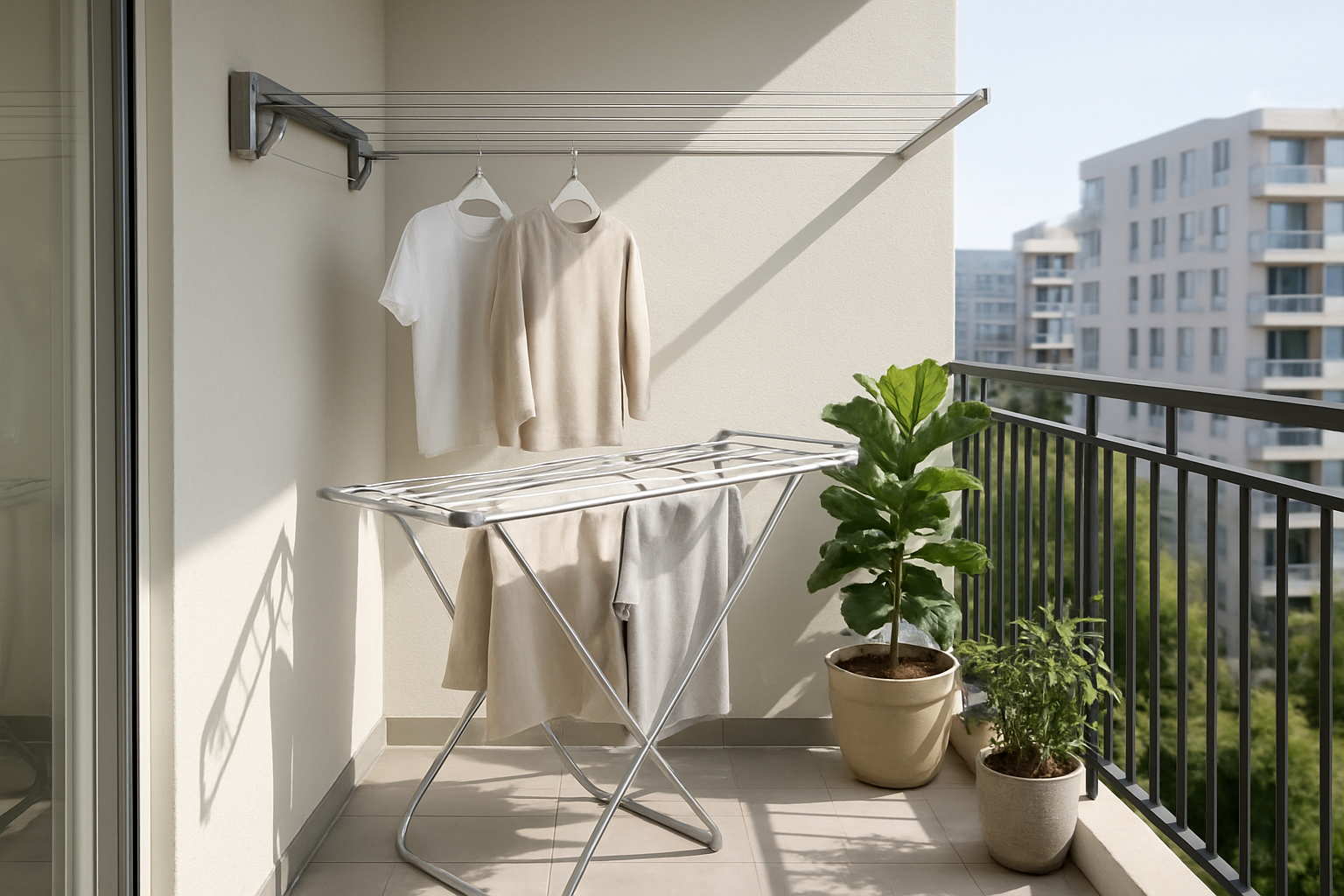 Create a realistic image of a small modern apartment balcony featuring multiple smart clothes drying solutions including a sleek retractable clothesline system mounted on the wall, a compact foldable drying rack with freshly hung clothes, and garments hanging efficiently in the limited space, with a city view in the background, bright natural daylight streaming in, clean organized aesthetic showing optimized use of vertical space, potted plants adding life to the scene, and a sense of satisfaction and efficiency in the air, absolutely NO text should be in the scene.