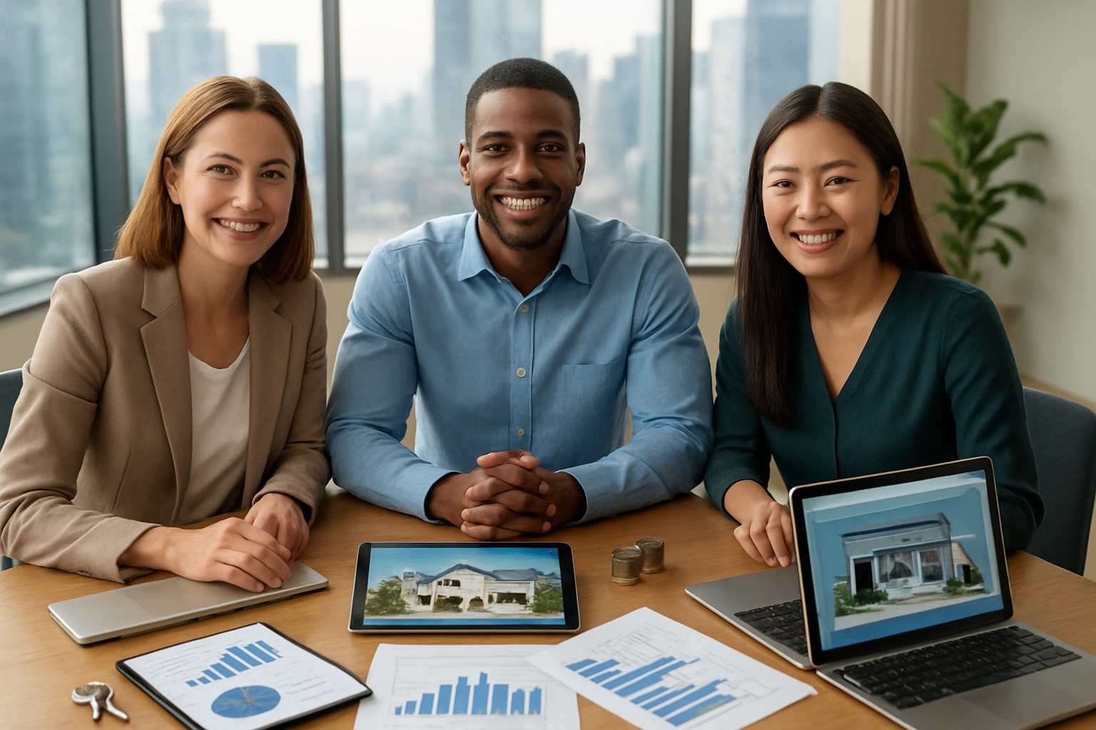 Create a realistic image of a diverse group of three people - a white female, a black male, and an Asian female - sitting around a modern wooden table with laptops, tablets, and financial documents spread out, looking satisfied and confident as they review multiple income streams including real estate photos, investment charts, and digital devices displaying online businesses, set in a bright contemporary office space with large windows showing a city skyline, warm natural lighting creating an optimistic and successful atmosphere, with small visual elements like house keys, coins, and a small plant suggesting growth and prosperity, absolutely NO text should be in the scene.