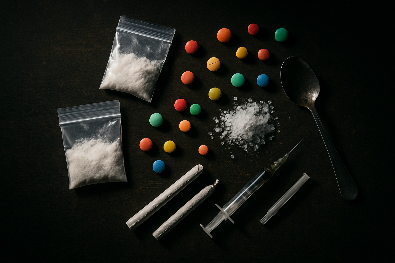 Create a realistic image of various illegal street drugs displayed on a dark wooden surface including small plastic bags containing white powder, colorful pills scattered around, crystalline substances, rolled papers, and drug paraphernalia like small spoons and syringes, with dramatic lighting casting shadows to create a serious and cautionary mood, shot from above in a clinical documentation style. Absolutely NO text should be in the scene.