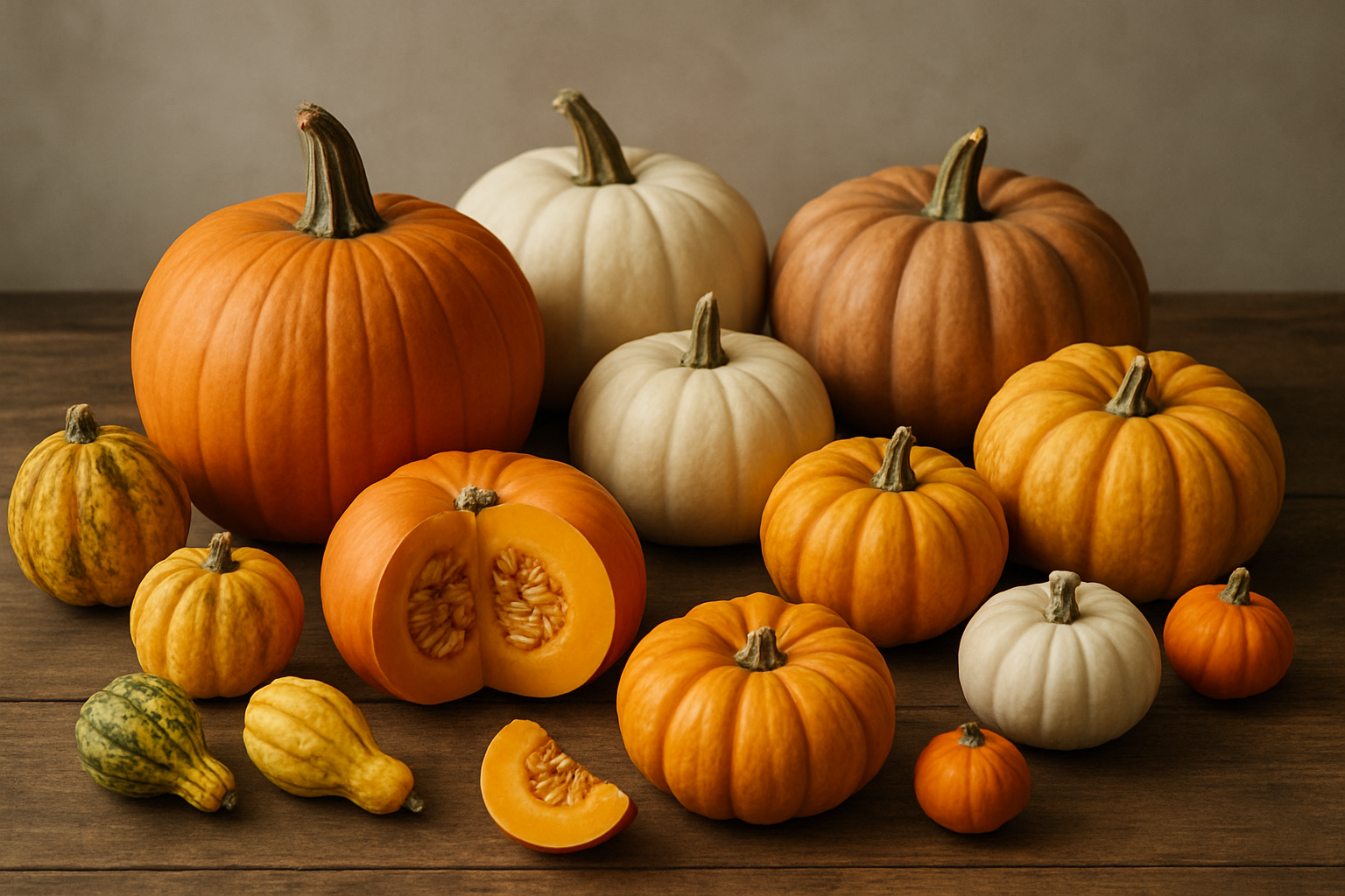 Create a realistic image of various pumpkin varieties arranged on a wooden surface showing different sizes, shapes, and colors including traditional orange pumpkins, white pumpkins, miniature decorative gourds, and ribbed heirloom varieties, with a few pumpkins cut in half to reveal their inner flesh and seeds, set against a neutral background with soft natural lighting that highlights the textures and details of each pumpkin type, absolutely NO text should be in the scene.