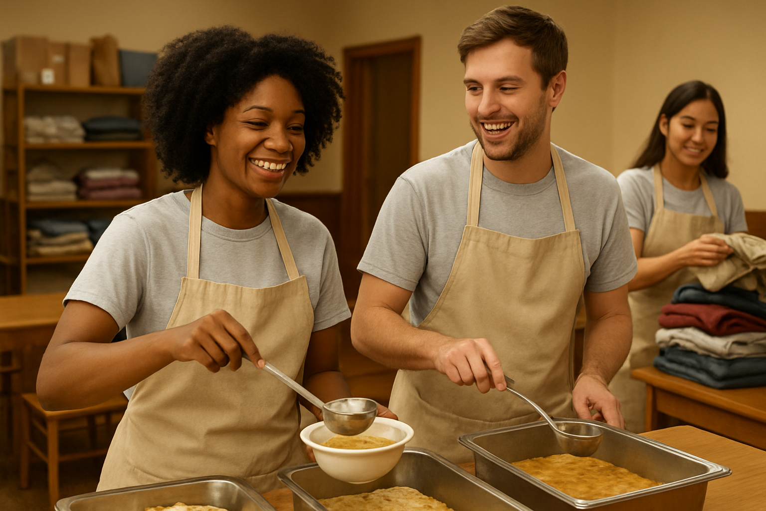 Create a realistic image of diverse young adults engaged in community service activities, showing a black female and white male volunteers serving food at a soup kitchen, with a Hispanic female organizing donated clothes in the background, warm indoor lighting creating a welcoming atmosphere, people wearing casual volunteer t-shirts and aprons, tables with food containers and serving utensils, shelves with organized donations visible, expressions of joy and purpose on volunteers' faces, community center or church fellowship hall setting with simple wooden tables and chairs, absolutely NO text should be in the scene.