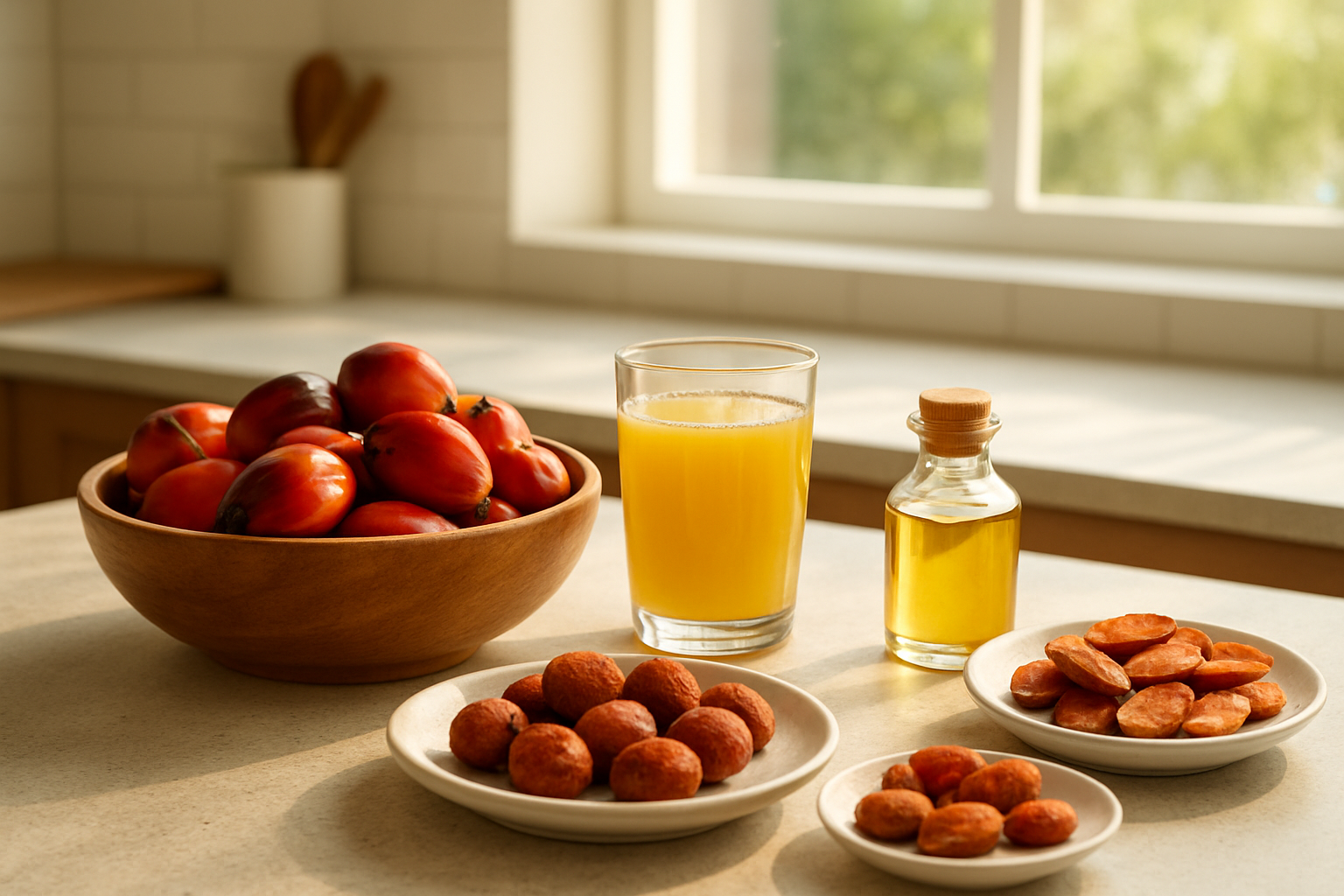Create a realistic image of a bright, modern kitchen counter displaying various practical ways to enjoy palm fruit, featuring fresh red palm fruits in a wooden bowl, a glass of palm fruit juice, palm fruit oil in a small bottle, and palm fruit snacks arranged on plates, with natural daylight streaming through a window creating warm lighting, showcasing the versatility of palm fruit in daily consumption, absolutely NO text should be in the scene.