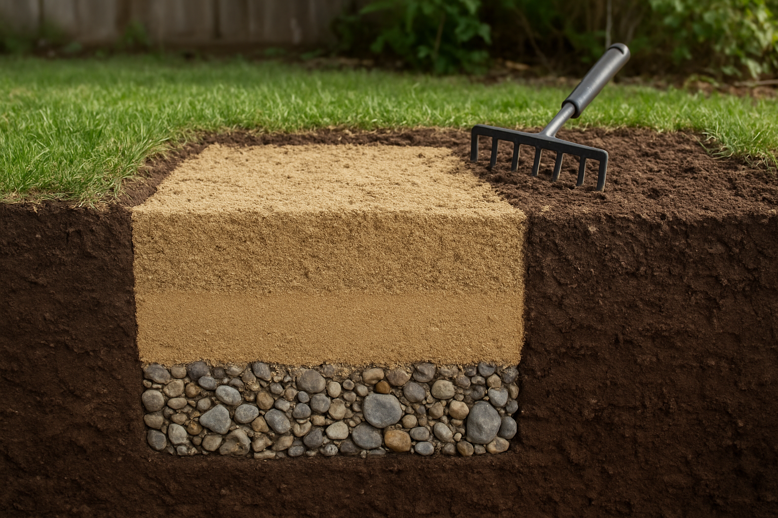 Create a realistic image of a cross-section view of a dog potty area drainage system with a prominent sand layer in the middle, showing different colored layers including gravel at the bottom, sand in the middle, and soil at the top, with a small rake or maintenance tool positioned nearby on the surface, set in a backyard environment with natural daylight, displaying the sand layer's texture and drainage capabilities clearly visible through the layered soil profile, absolutely NO text should be in the scene.