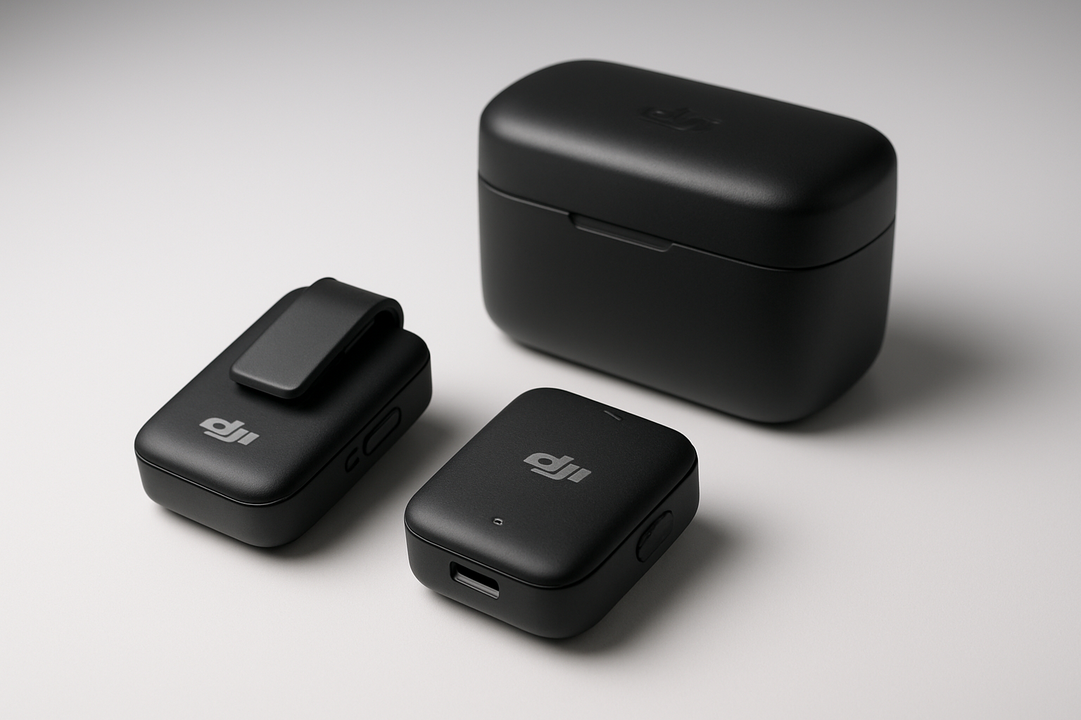 Create a realistic image of a DJI Mic Mini wireless microphone system displayed on a clean white surface, showing the compact black transmitter and receiver units with their sleek design and key components like the clip-on mechanism, LED indicators, and charging case, photographed with professional studio lighting that highlights the product's premium build quality and modern aesthetic, captured from a three-quarter angle to showcase the device's compact size and professional appearance, with a soft gradient background transitioning from white to light gray, absolutely NO text should be in the scene.