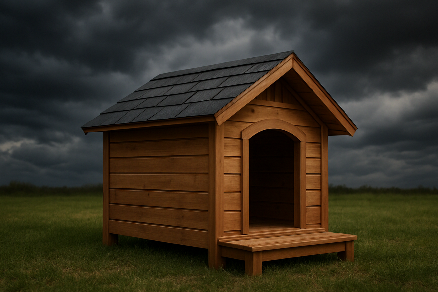 Create a realistic image of a well-designed wooden dog house with weatherproof features including angled roof with shingles for rain runoff, raised floor platform to prevent moisture, covered entrance overhang, and ventilation gaps under the eaves, positioned on grass with storm clouds gathering in the background to emphasize weather protection elements, natural outdoor lighting with dramatic sky suggesting incoming weather. Absolutely NO text should be in the scene.