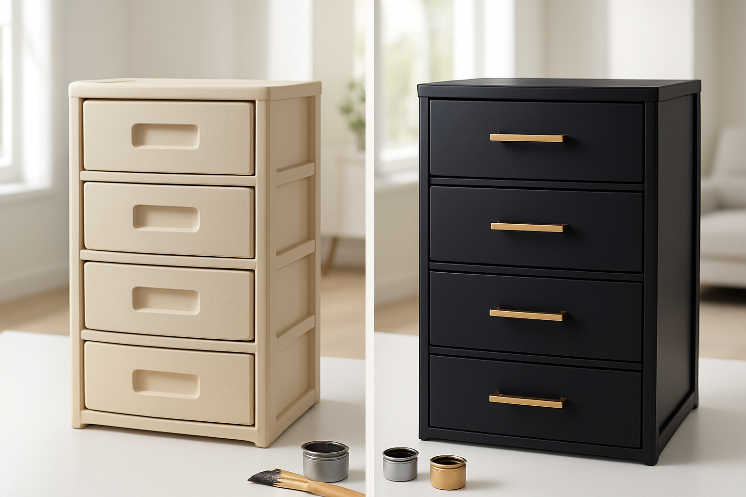 Create a realistic image of a stunning before and after transformation showing ugly beige plastic storage drawers on the left side that have been completely transformed into elegant designer-looking storage units on the right side, featuring sleek black paint finish with gold hardware handles, displayed on a clean white surface against a bright modern home interior background with natural lighting streaming in, showcasing the dramatic makeover results with paint brushes and small containers of paint visible nearby to suggest the DIY process, absolutely NO text should be in the scene.