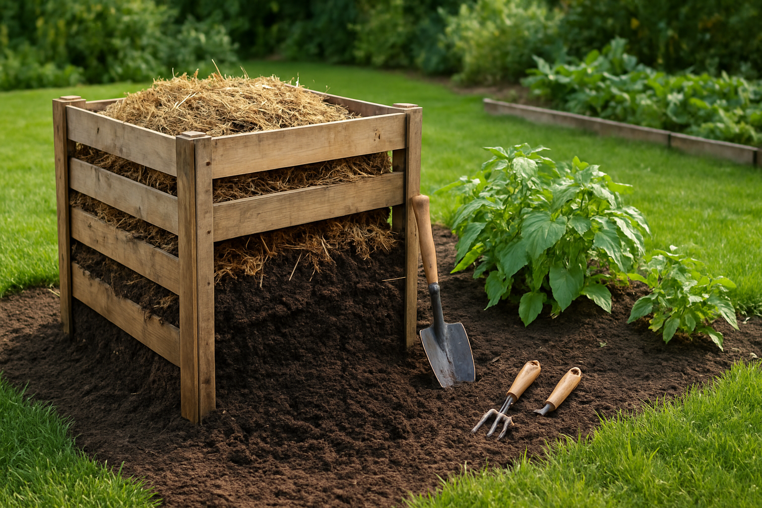 Create a realistic image of a well-maintained backyard composting area showing the transformation of dog waste into rich, dark compost soil, featuring a wooden compost bin with layers of organic materials, healthy green plants growing nearby in fertile soil, a small shovel and gardening tools, lush grass and garden beds in the background, natural daylight creating a clean and eco-friendly atmosphere that demonstrates the environmental benefits of home composting, absolutely NO text should be in the scene.