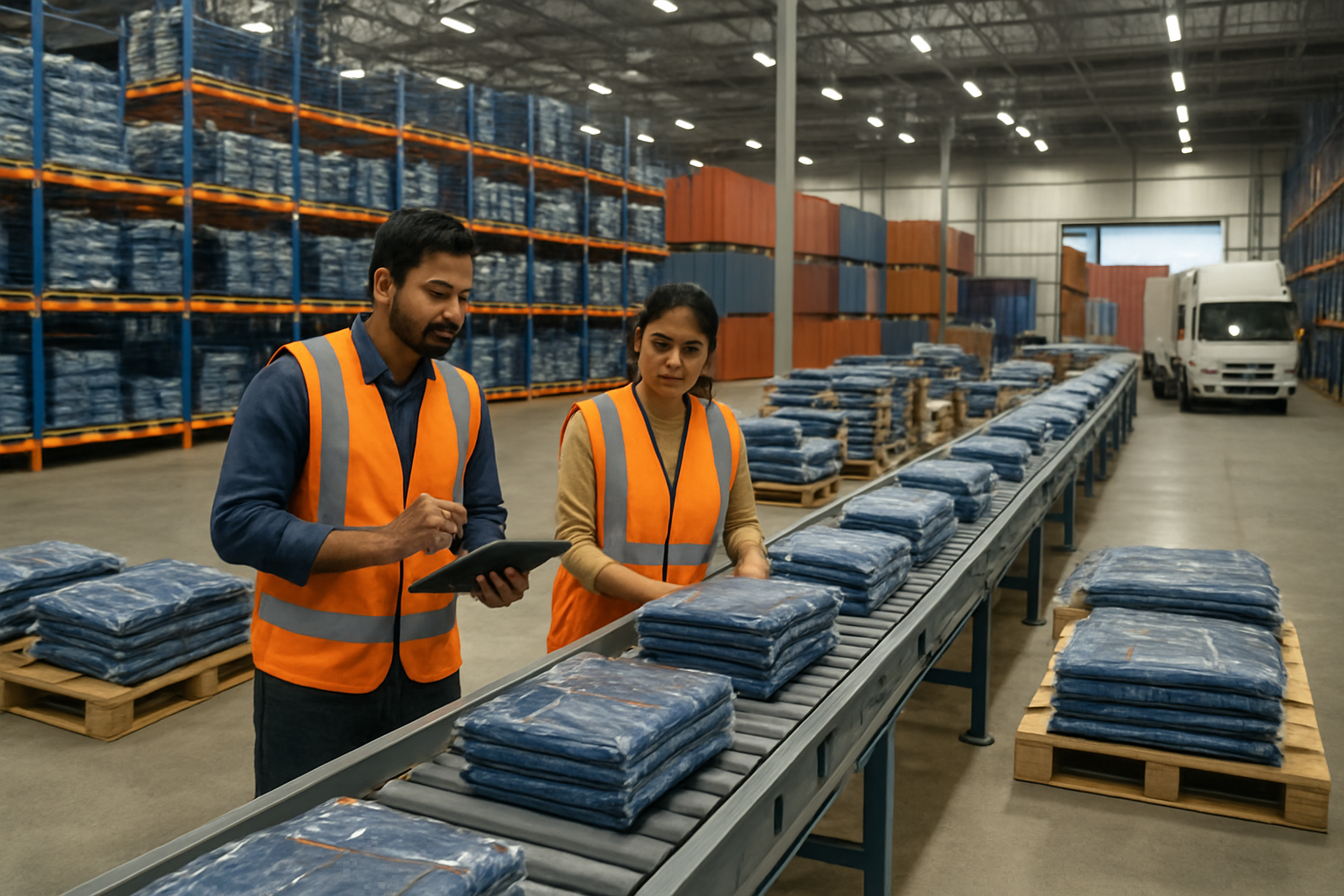 Create a realistic image of a modern warehouse facility with automated conveyor belts carrying packaged denim products, featuring Indian male and female workers in safety vests coordinating logistics operations, with shipping containers and delivery trucks visible in the background, bright industrial lighting illuminating the organized storage areas filled with neatly stacked denim merchandise ready for international export, showcasing efficient supply chain management with a professional and productive atmosphere, absolutely NO text should be in the scene.