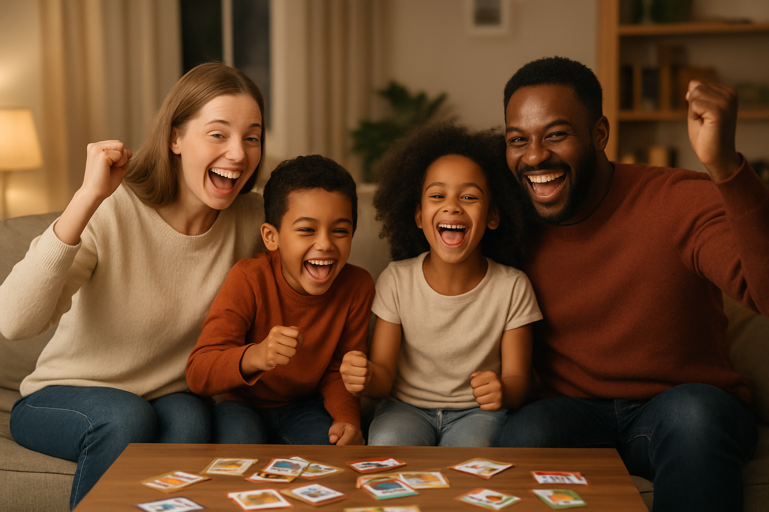 Create a realistic image of a happy, diverse family gathered in a cozy living room after playing a fun activity together, showing genuine smiles and positive reactions, with a white mother and a black father sitting on a couch alongside their two young children, all appearing joyful and energized, warm indoor lighting creating a welcoming atmosphere, scattered game materials or activity cards on the coffee table in front of them, the scene conveying satisfaction and togetherness. Absolutely NO text should be in the scene.