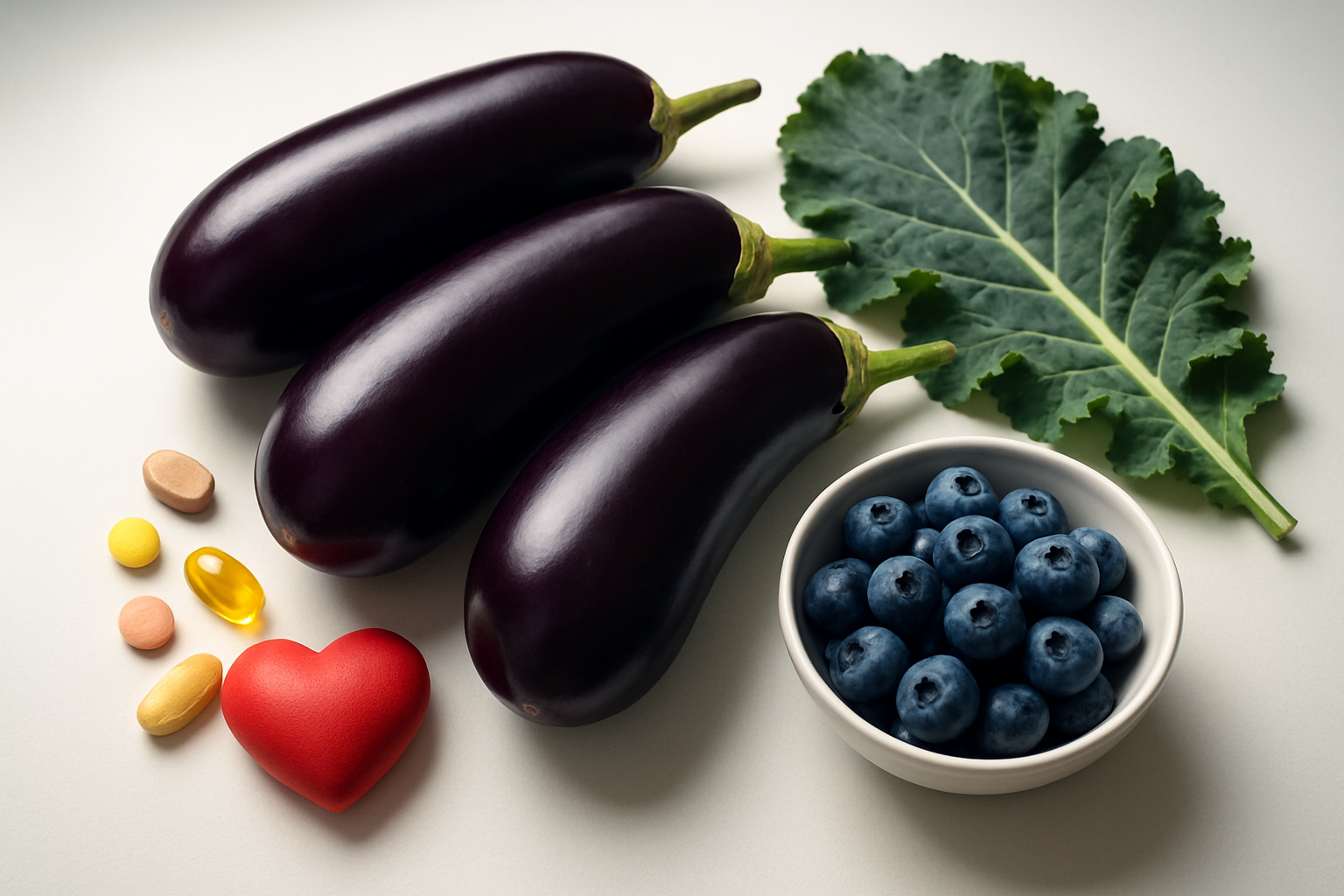 Create a realistic image of fresh purple eggplants arranged on a clean white surface alongside colorful nutritional elements including vitamin pills, healthy heart symbol, antioxidant-rich foods like blueberries and dark leafy greens, with soft natural lighting highlighting the vibrant colors and textures, creating a clean and health-focused composition that emphasizes wellness and nutrition, absolutely NO text should be in the scene.
