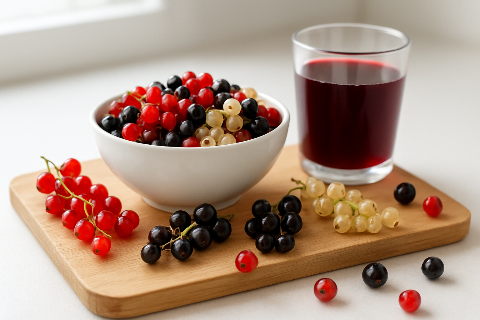 Create a realistic image of fresh red, black, and white currants arranged on a wooden cutting board with a white ceramic bowl filled with mixed currants, alongside a glass of deep purple currant juice and scattered individual berries, set against a clean white kitchen counter background with soft natural lighting from a window, highlighting the vibrant colors and glossy texture of the nutritious berries, absolutely NO text should be in the scene.