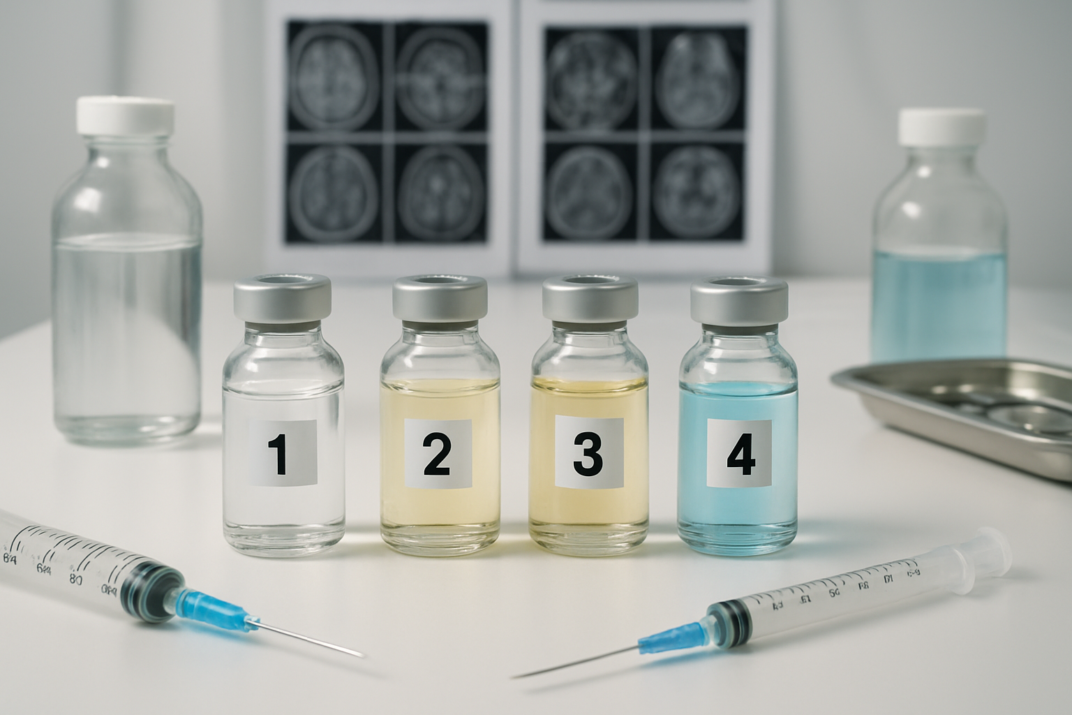 Create a realistic image of multiple medical vials and syringes containing different MRI contrast agents arranged on a clean white medical table, with various colored liquid solutions (clear, slightly yellow, and pale blue) in glass containers, medical comparison charts or reference materials visible in the background, sterile medical equipment nearby, bright clinical lighting from above, professional healthcare environment setting, focus on the contrast between different contrast agent formulations. Absolutely NO text should be in the scene.