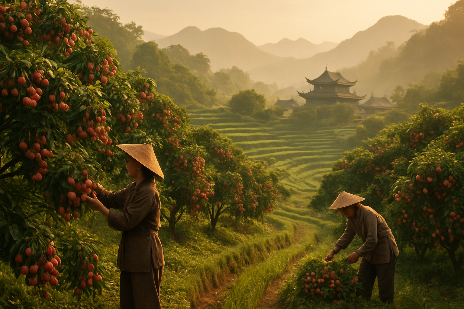 Create a realistic image of ancient Chinese agricultural terraces with lychee trees bearing ripe pink-red fruit, traditional Chinese farmers in conical hats tending to the trees, misty mountains in the background, golden hour lighting creating a warm atmospheric glow, with traditional Chinese architecture visible in the distance, showcasing the historical cultivation and cultural heritage of lychees in their native land, absolutely NO text should be in the scene.