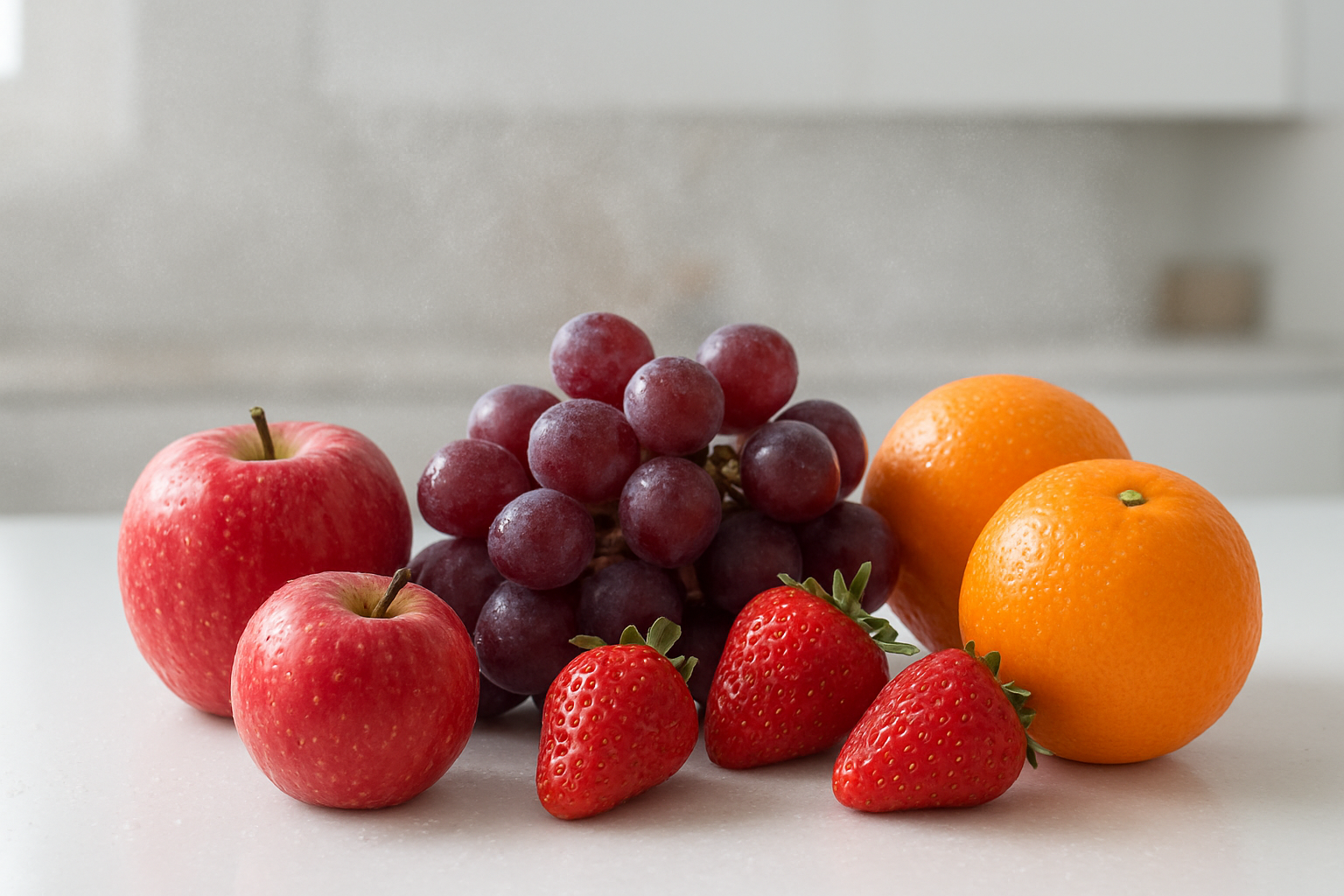 Create a realistic image of various fresh fruits including apples, grapes, strawberries, and oranges arranged on a clean white surface with visible water droplets and a subtle chemical spray mist effect around them, showcasing the concept of chemical residue on produce, with soft natural lighting from above, clean modern kitchen background, scientific and educational mood. Absolutely NO text should be in the scene.