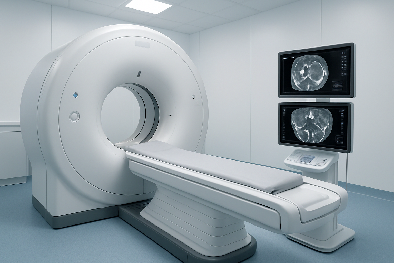 Create a realistic image of a modern HRCT scanner machine in a clean medical imaging room with a patient bed positioned for temporal bone scanning, showing the large circular scanner opening and control panel with monitoring screens displaying cross-sectional bone imagery, sterile white and blue medical environment with professional lighting, emphasizing the advanced technology used for detailed temporal bone examination, absolutely NO text should be in the scene.