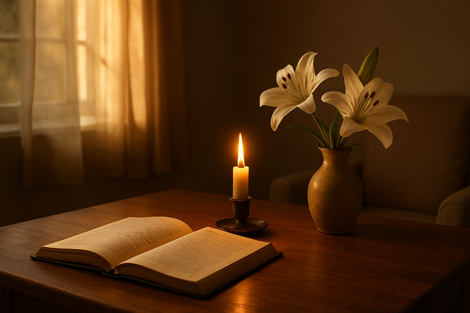 Create a realistic image of a peaceful indoor scene with soft, warm golden light streaming through a window, illuminating a wooden table with an open journal or diary, a lit candle in a simple holder, and a small vase with white lilies, while gentle shadows create a contemplative atmosphere that evokes quiet reflection and spiritual reverence, with the background showing a cozy room with neutral tones and simple furnishings, absolutely NO text should be in the scene.