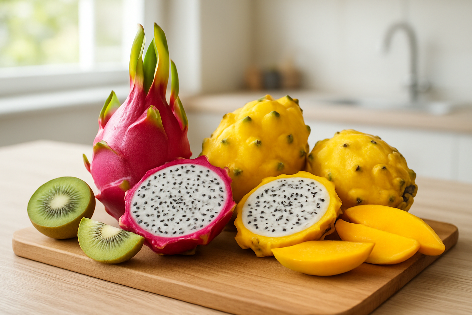 Create a realistic image of a beautifully arranged display featuring whole and sliced dragon fruits showcasing both pink-skinned white flesh and yellow-skinned varieties on a clean wooden cutting board, surrounded by other tropical fruits like kiwi and mango slices, with a modern kitchen background featuring soft natural lighting from a window, creating a fresh and inviting atmosphere that represents the complete journey of discovering, understanding, and enjoying dragon fruit, absolutely NO text should be in the scene.