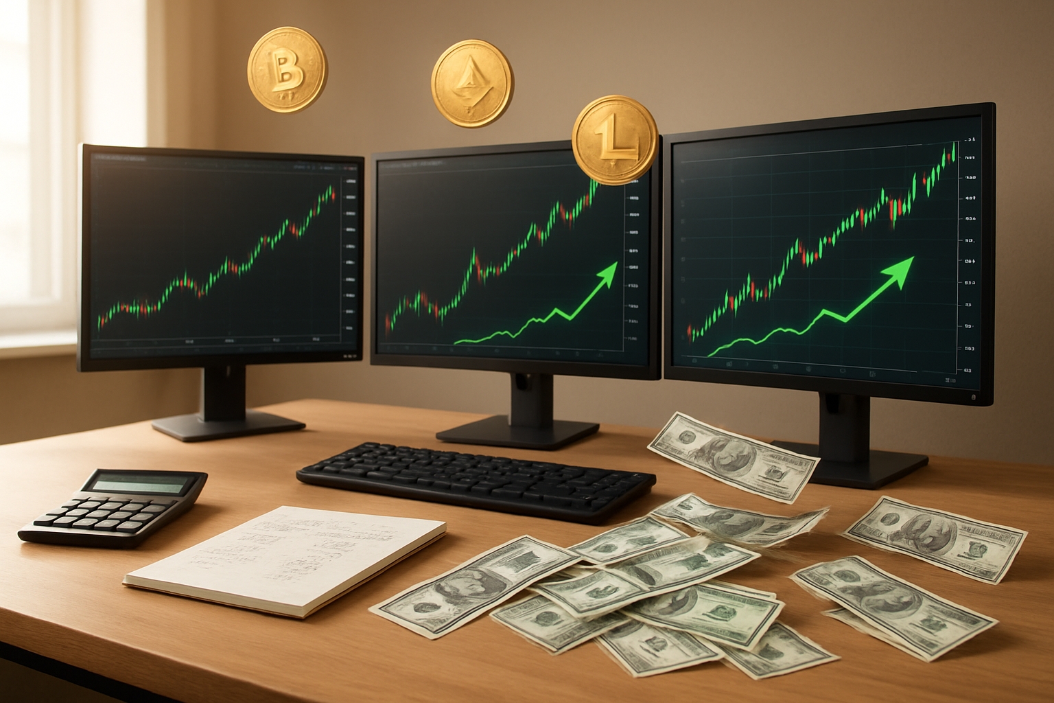 Create a realistic image of a clean modern desk setup with multiple computer monitors displaying cryptocurrency trading charts and graphs showing upward trending green arrows, a calculator, notepad with financial calculations, scattered $100 bills transforming into $1000 bills, golden coins representing various cryptocurrencies floating above the desk, soft natural lighting from a window creating a professional atmosphere, minimalist office background with warm lighting suggesting success and growth, absolutely NO text should be in the scene.