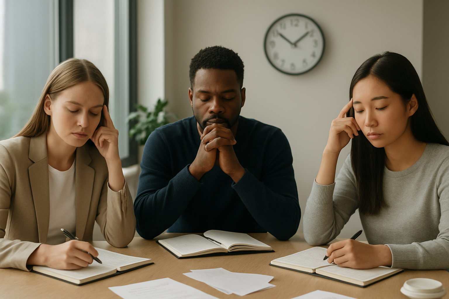 Create a realistic image of a diverse group of people in a modern office setting, including a white female, black male, and Asian female, sitting around a table with notebooks and pens, appearing thoughtful and engaged in self-reflection, with soft natural lighting from large windows, calm and focused atmosphere, surrounded by subtle stress-related visual metaphors like a ticking clock on the wall, scattered papers, and coffee cups, emphasizing introspection and personal awareness, absolutely NO text should be in the scene.