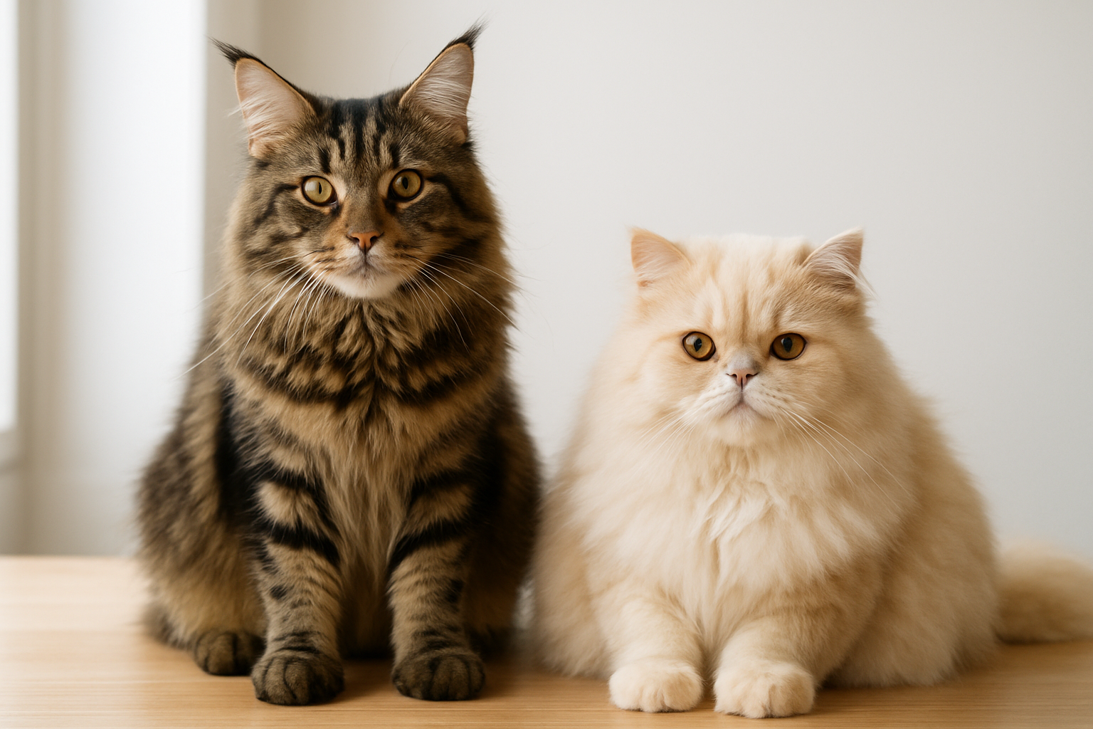 Create a realistic image of a Maine Coon cat and a Persian cat sitting side by side on a neutral wooden surface, with the Maine Coon displaying its characteristic confident and alert posture with ears perked forward and bright eyes, while the Persian cat shows its more relaxed and gentle demeanor with a calm expression and softer body language, both cats looking towards the camera in a well-lit indoor setting with soft natural lighting from a window, clean white wall background, showcasing the distinct personality differences between the two breeds through their contrasting body language and facial expressions, absolutely NO text should be in the scene.