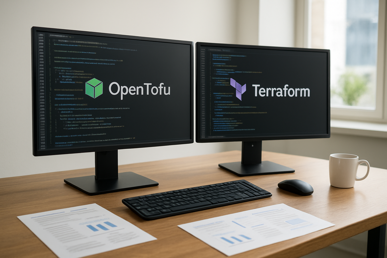 Create a realistic image of a modern office workspace showing two computer monitors side by side displaying code editors with infrastructure-as-code syntax, with OpenTofu logo visible on one screen and Terraform logo on the other, surrounded by clean desk setup with keyboard, mouse, and coffee cup, bright natural lighting from window, professional developer environment atmosphere, comparison charts or diagrams visible on desk showing advantages and features, absolutely NO text should be in the scene.
