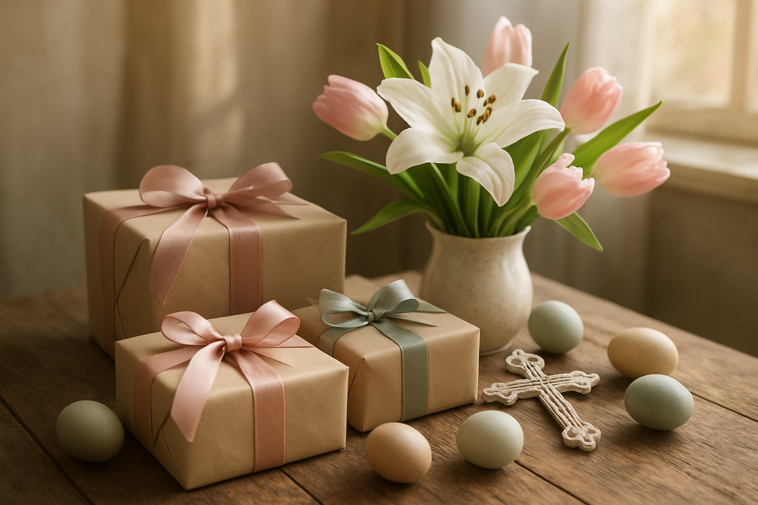 Create a realistic image of an elegant Easter gift arrangement on a rustic wooden table featuring beautifully wrapped presents with soft pastel ribbons, fresh spring flowers like white lilies and pink tulips in a ceramic vase, a delicate cross ornament, scattered Easter eggs in muted colors, and warm natural lighting streaming through a window creating a peaceful, celebratory atmosphere that conveys love, faith, and family connection, absolutely NO text should be in the scene.
