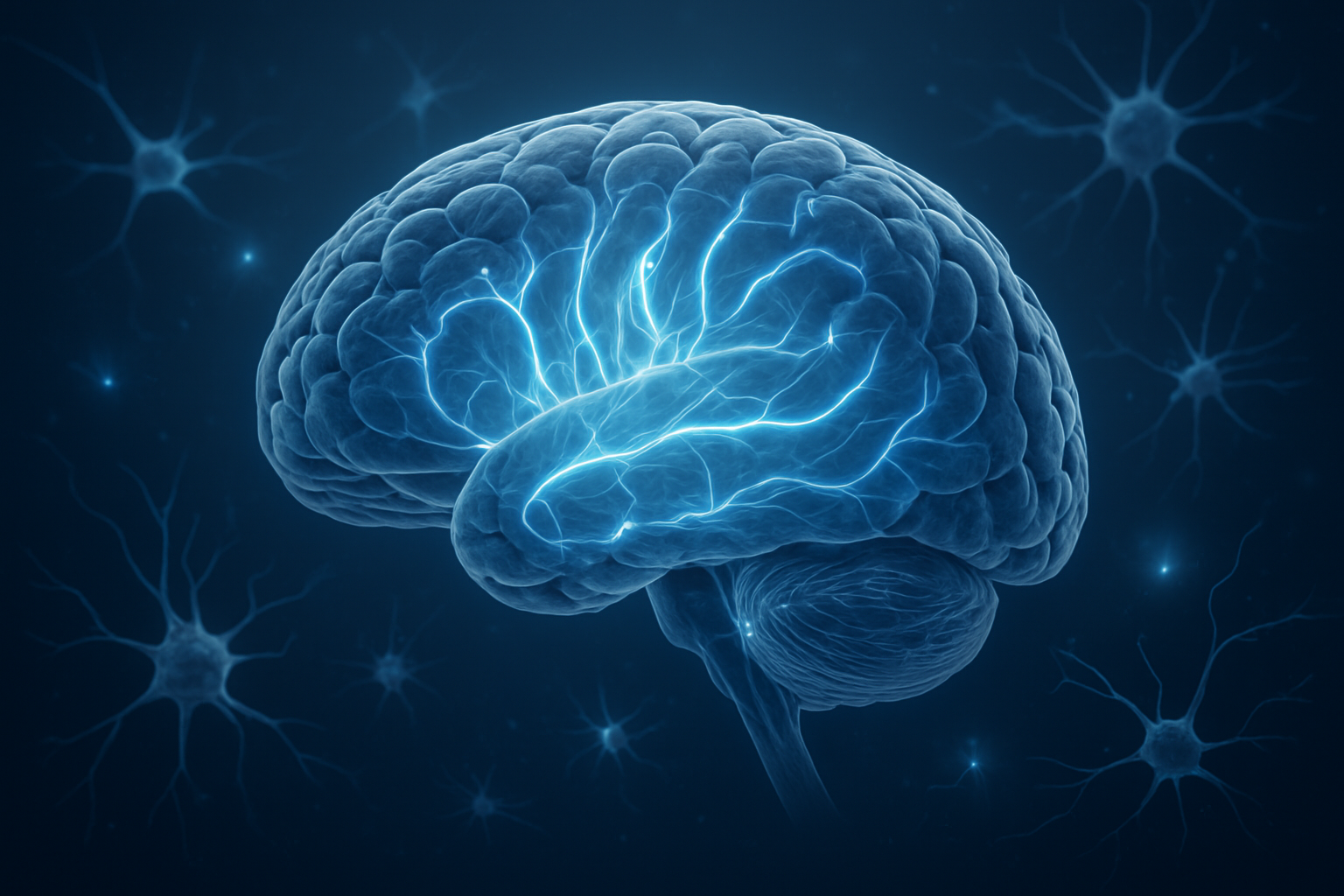 Create a realistic image of a detailed cross-section view of a human brain with highlighted neural pathways glowing in soft blue and white light, surrounded by floating scientific elements like neurons, synapses, and electrical impulses, set against a clean dark blue background with subtle lighting that emphasizes the brain's intricate structure and scientific accuracy, conveying a sense of mental clarity and cognitive function. Absolutely NO text should be in the scene.