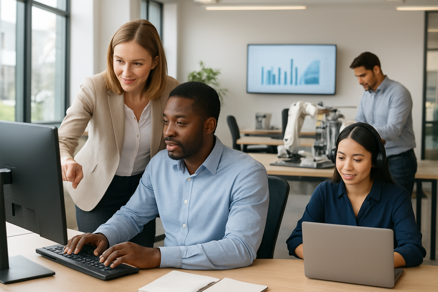 Create a realistic image of a diverse group of professionals in a modern office setting engaged in upskilling activities, featuring a white female mentor coaching a black male colleague at a computer workstation, an Asian female professional attending a virtual training session on a laptop, and a Hispanic male worker collaborating with robotic automation equipment in the background, with bright natural lighting from large windows, contemporary office furniture, digital displays showing skill development charts, and a collaborative atmosphere that conveys adaptation and growth in a technology-integrated workplace, absolutely NO text should be in the scene.