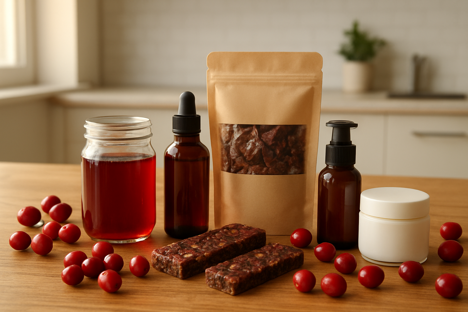 Create a realistic image of various commercial products made from coffee cherries arranged on a wooden table, including jars of coffee cherry tea, bottles of cascara extract, packages of dried coffee cherry skins, energy bars containing coffee fruit, and cosmetic products with coffee cherry ingredients, with fresh red coffee cherries scattered around the products, warm natural lighting from a window, clean modern kitchen background, absolutely NO text should be in the scene.