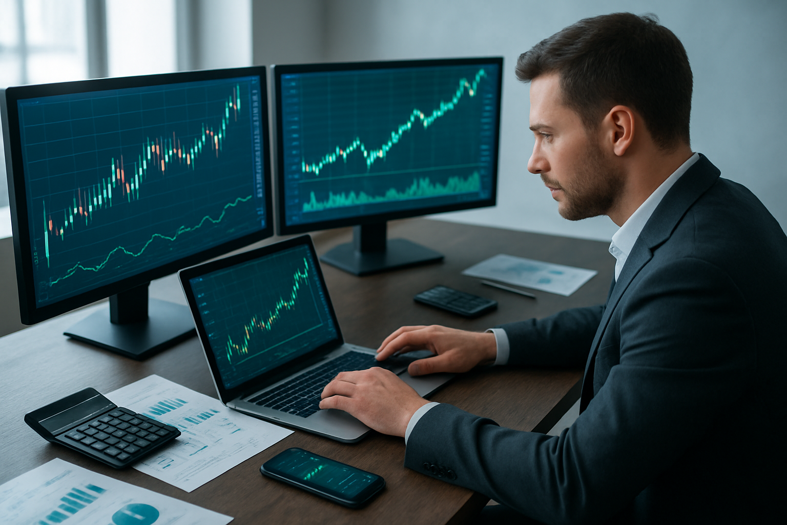 Create a realistic image of a modern trading setup showing multiple computer monitors displaying colorful financial charts, candlestick patterns, and upward trending graphs on a sleek desk, with a white male trader in business attire analyzing data on a laptop, surrounded by elements like a calculator, financial reports, smartphone showing market alerts, and a cup of coffee, set against a contemporary office background with soft natural lighting from a window, conveying success and professionalism in financial trading, with green and blue color schemes dominating the scene to represent profitable market movements, absolutely NO text should be in the scene.