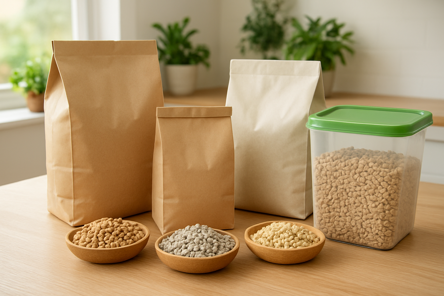 Create a realistic image of several different eco-friendly cat litter products arranged on a clean wooden table, including bags and containers of natural wood pellets, recycled paper litter, corn-based litter, and wheat-based litter, with some loose litter samples displayed in small wooden bowls, soft natural lighting from a window, green plants visible in the background suggesting environmental consciousness, and a clean modern kitchen or utility room setting, absolutely NO text should be in the scene.