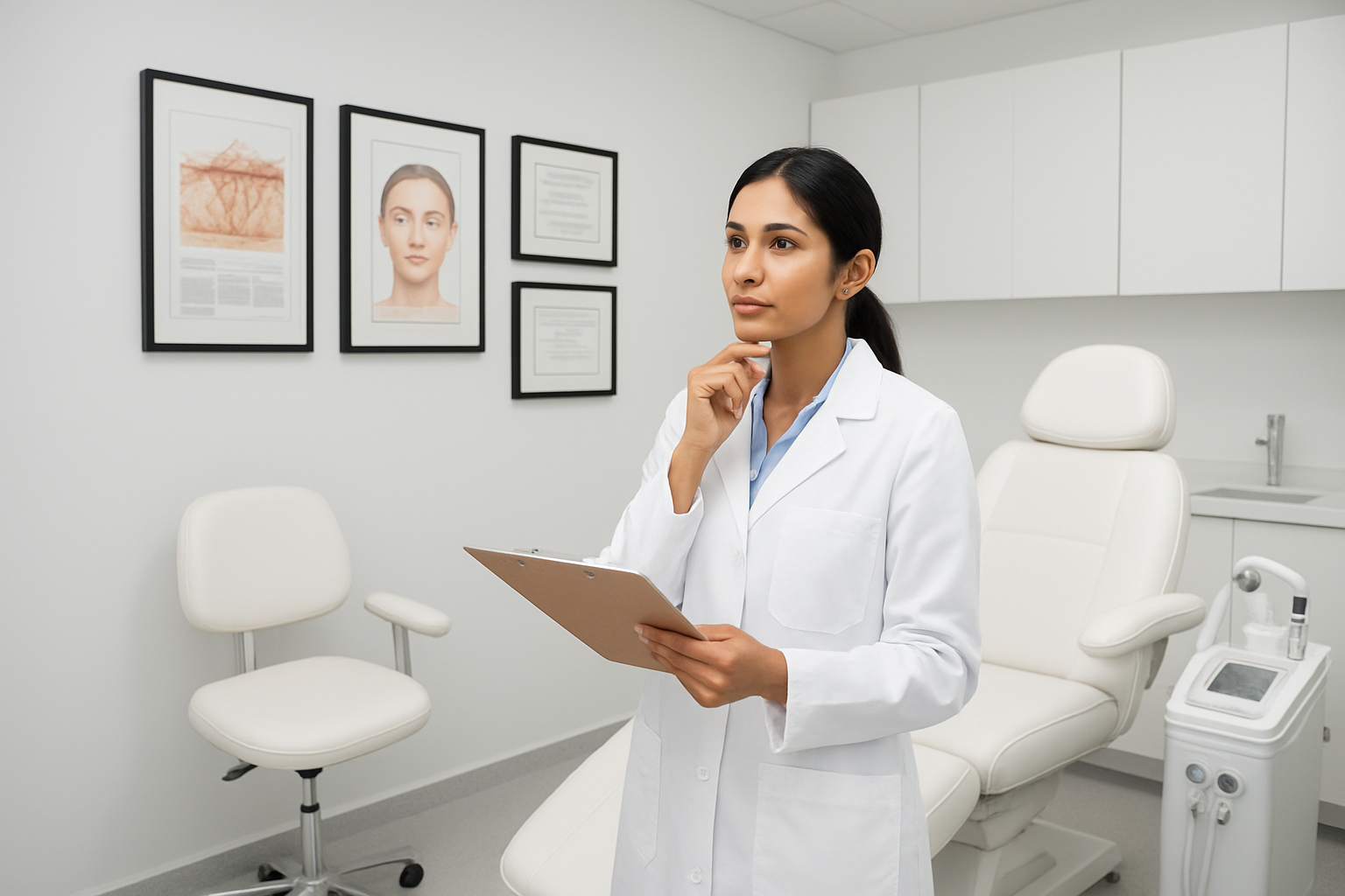 Create a realistic image of a professional medical consultation room in a modern skin clinic with a confident South Asian female dermatologist in a white lab coat examining skincare charts and medical certificates displayed on the wall behind her, alongside a sleek examination chair and dermatological equipment, with bright clinical lighting and a clean, sterile atmosphere that conveys expertise and professionalism, absolutely NO text should be in the scene.