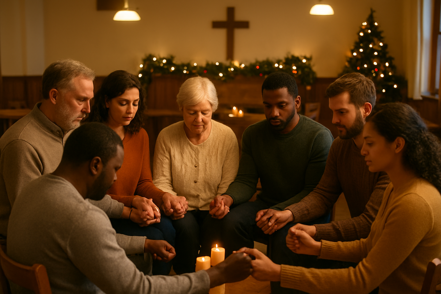 Create a realistic image of a diverse group of people including white, black, and Hispanic men and women of various ages sitting in a circle inside a warm, cozy church fellowship hall during Christmas time, holding hands in prayer with their heads bowed, surrounded by subtle Christmas decorations like garland and candles, soft golden lighting from overhead fixtures creating an intimate atmosphere of unity and spiritual connection, wooden chairs and tables visible in the background, absolutely NO text should be in the scene.