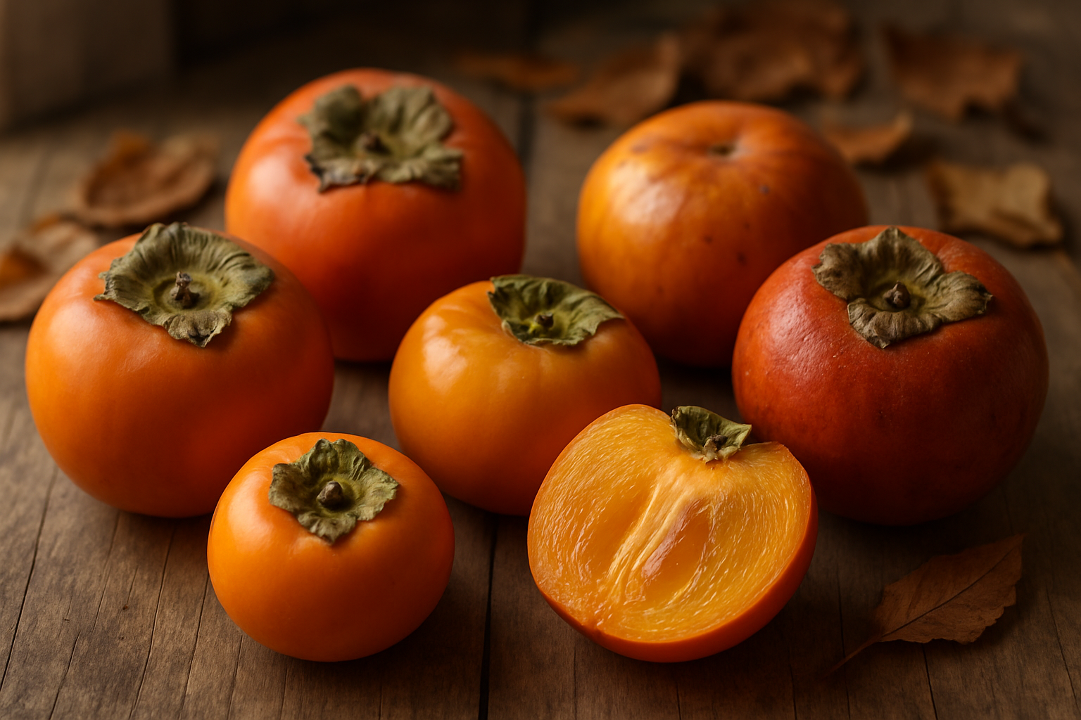 Create a realistic image of a collection of persimmon fruits at different stages of ripeness displayed on a rustic wooden surface, showing both firm orange persimmons and soft, deeply colored ripe ones, with some cut in half to reveal the translucent flesh inside, gentle natural lighting from a window creating soft shadows, warm autumn atmosphere with scattered dried leaves in the background, close-up detailed view highlighting the smooth skin texture and varying colors from light orange to deep amber, absolutely NO text should be in the scene.