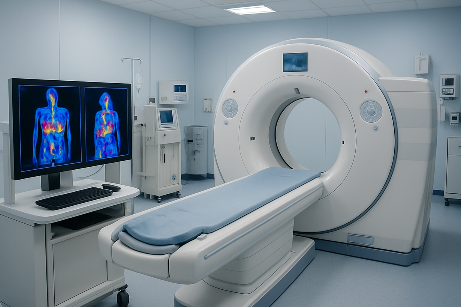 Create a realistic image of a modern medical imaging room featuring a PET-CT scanner machine with its distinctive large circular opening and examination table, complemented by computer monitors displaying colorful whole-body scan images showing internal organs and metabolic activity, with advanced medical equipment and control panels in the background, sterile hospital lighting illuminating the clean white and blue medical environment, absolutely NO text should be in the scene.