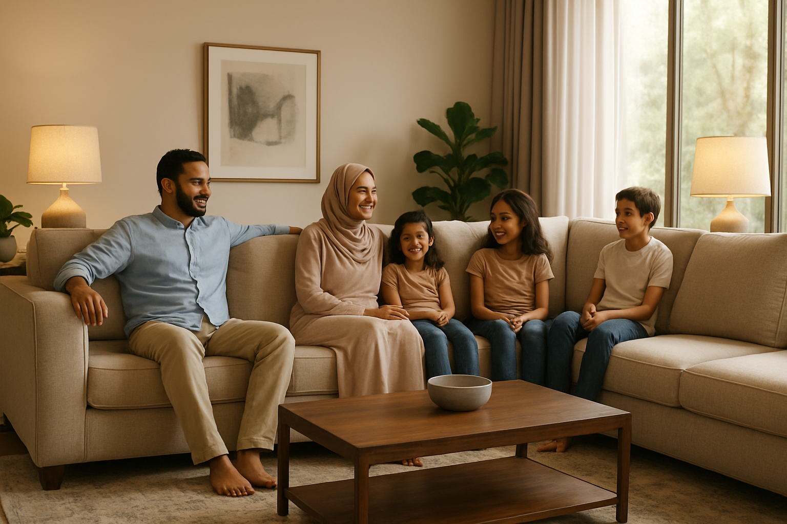 Create a realistic image of a luxurious custom-made 7-seat sectional sofa in a modern living room setting, featuring premium fabric upholstery in neutral tones, with the sofa arranged in an L-shape configuration showing all seven seats clearly, placed on a contemporary area rug with a coffee table in front, warm ambient lighting from table lamps and natural light from large windows, a middle-eastern family of five people (two adults and three children of mixed genders) comfortably seated and relaxing on different sections of the sofa, modern home decor elements like plants and artwork on walls in the background, showcasing the comfort and spaciousness that accommodates the entire family, absolutely NO text should be in the scene.