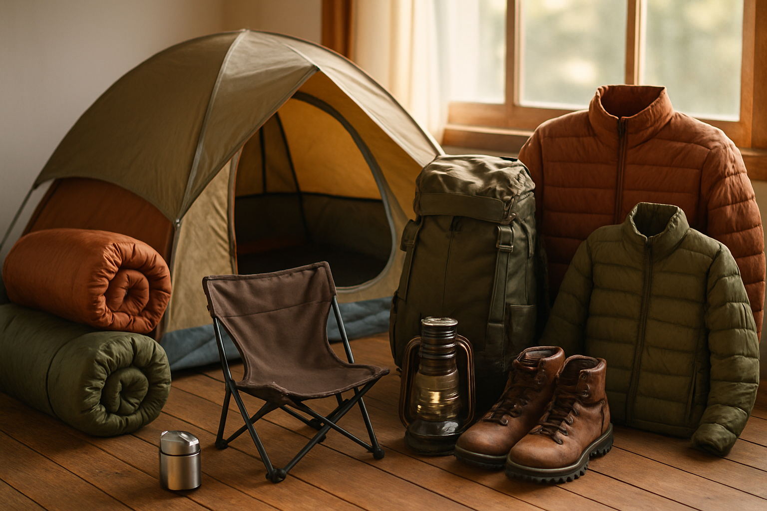 Create a realistic image of a diverse collection of outdoor gear and equipment arranged on a wooden surface, including a camping tent, sleeping bags, portable camping chairs, a backpack, hiking boots, a thermos, lantern, and warm jackets, with soft natural lighting from a window, creating a cozy and organized display that showcases versatility for multiple outdoor activities like camping, hiking, and outdoor recreation, with warm earth tones and a welcoming atmosphere that emphasizes comfort and safety. Absolutely NO text should be in the scene.