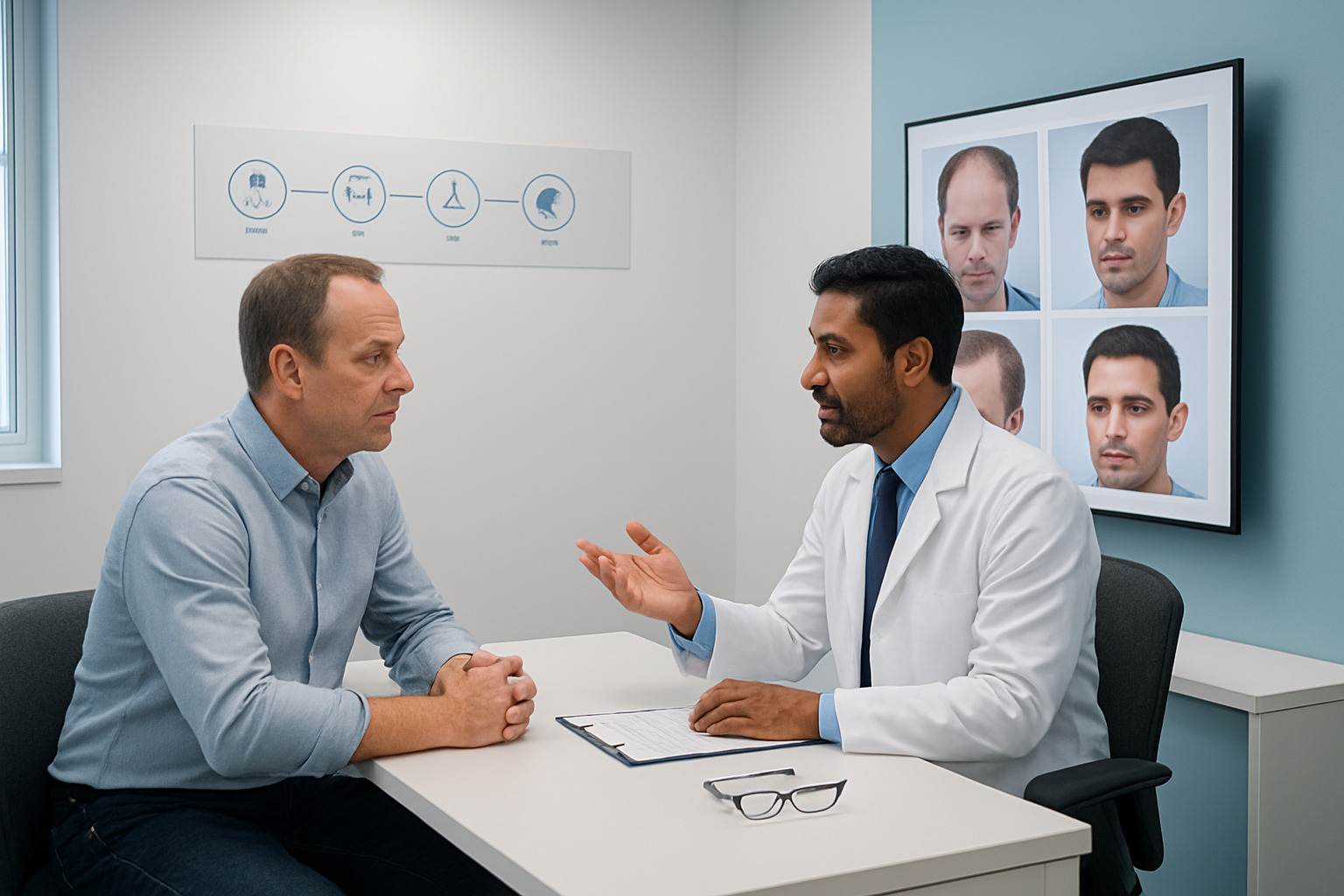 Create a realistic image of a modern hair transplant clinic consultation room showing the patient journey timeline, featuring a middle-aged white male patient sitting across from a South Asian male doctor at a sleek consultation desk, with before-and-after hair transplant photos displayed on a wall-mounted monitor, medical consultation charts on the desk, a clean white and blue medical office interior with professional lighting, both individuals engaged in discussion about the treatment process, sterile medical environment with comfortable seating and professional healthcare ambiance, absolutely NO text should be in the scene.