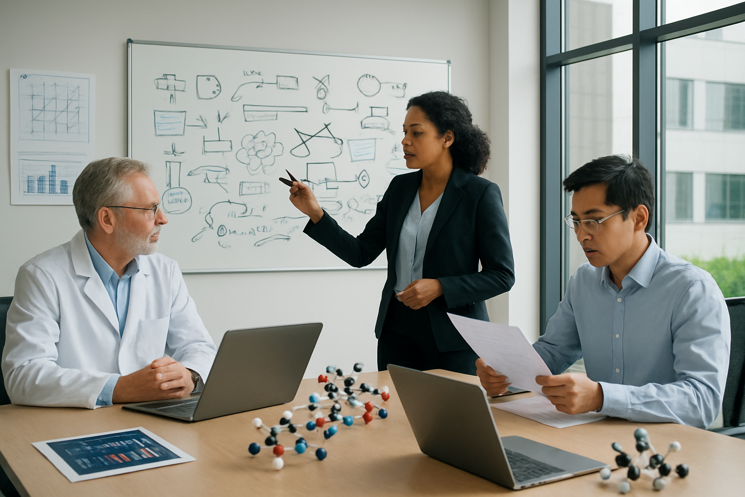 Create a realistic image of a modern conference room with a large whiteboard displaying strategic diagrams, flowcharts, and objective outlines related to biotechnology development, featuring a diverse team of professionals including a white male scientist in a lab coat, a black female project manager in business attire, and an Asian male researcher reviewing documents, with laptops open showing data analytics dashboards, molecular structure models on the table, pharmaceutical development charts on the walls, bright natural lighting from large windows, conveying a focused collaborative planning atmosphere in a sleek biotechnology company office environment, absolutely NO text should be in the scene.