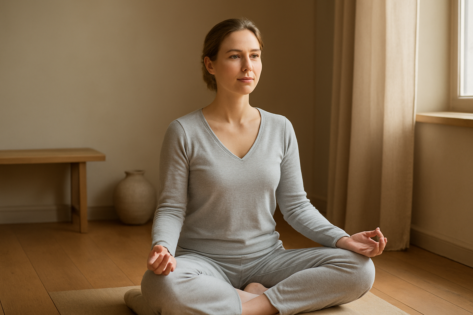 Create a realistic image of a peaceful white female in her 30s sitting in a cross-legged meditation position with eyes gently opening, hands resting on knees, wearing comfortable light gray clothing, positioned on a soft meditation cushion in a serene indoor space with warm natural lighting filtering through a nearby window, showing the gentle transition from meditation to awareness with a calm expression, surrounded by a minimalist room with wooden floors and soft neutral tones, capturing the moment of completing a meditation session and preparing to return to daily activities, absolutely NO text should be in the scene.