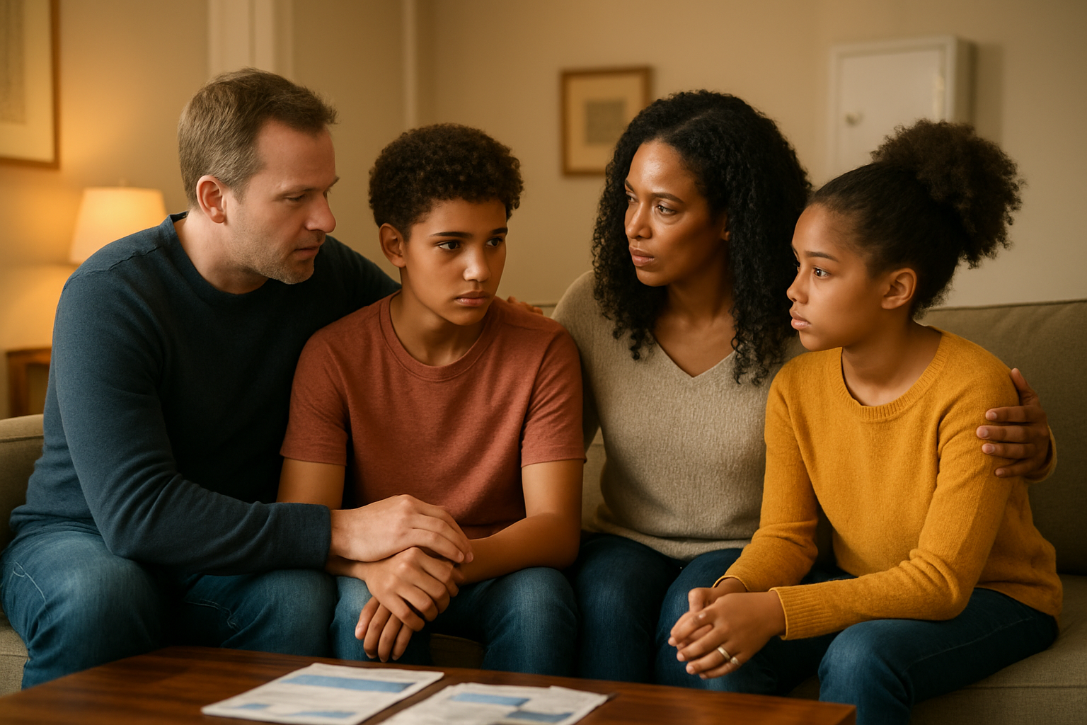Create a realistic image of a diverse family consisting of a white father, black mother, and two mixed-race children sitting together on a comfortable living room couch, with the parents having a serious but caring conversation with their teenage children, showing protective body language and engaged facial expressions, warm home lighting creating a safe atmosphere, with subtle elements like locked medicine cabinet visible in the background and educational pamphlets on a coffee table, conveying themes of family protection, open communication, and prevention awareness, absolutely NO text should be in the scene.
