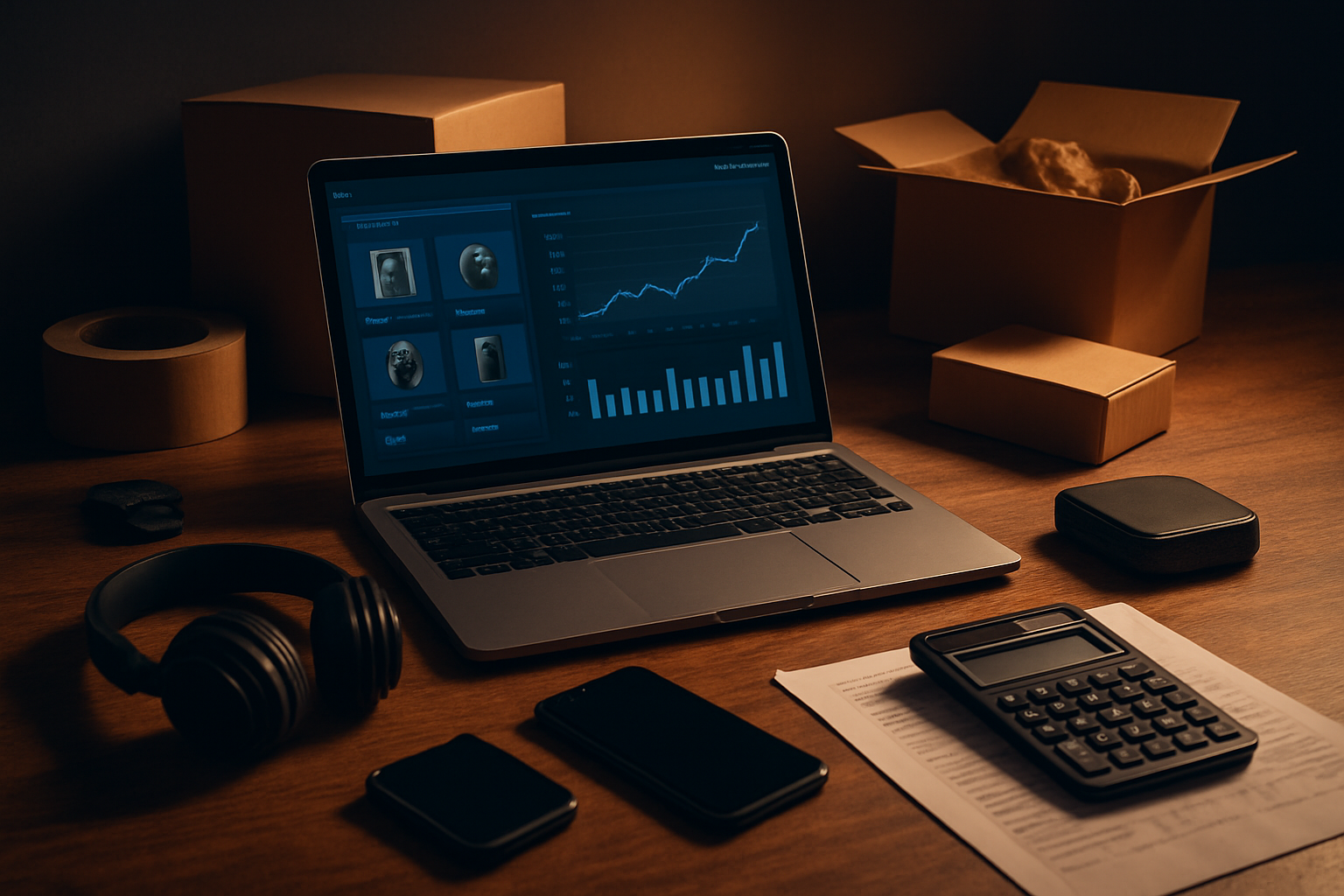 Create a realistic image of a modern workspace setup showing dropshipping business operations with a laptop displaying an e-commerce dashboard with product listings and sales analytics, surrounded by various consumer products like electronics and accessories scattered on a wooden desk, with shipping boxes and packaging materials in the background, dramatic lighting creating strong shadows to emphasize the high-risk nature, a calculator and financial documents nearby suggesting profit calculations, warm amber lighting mixed with cool blue screen glow creating a tense atmospheric mood that conveys both opportunity and uncertainty, absolutely NO text should be in the scene.